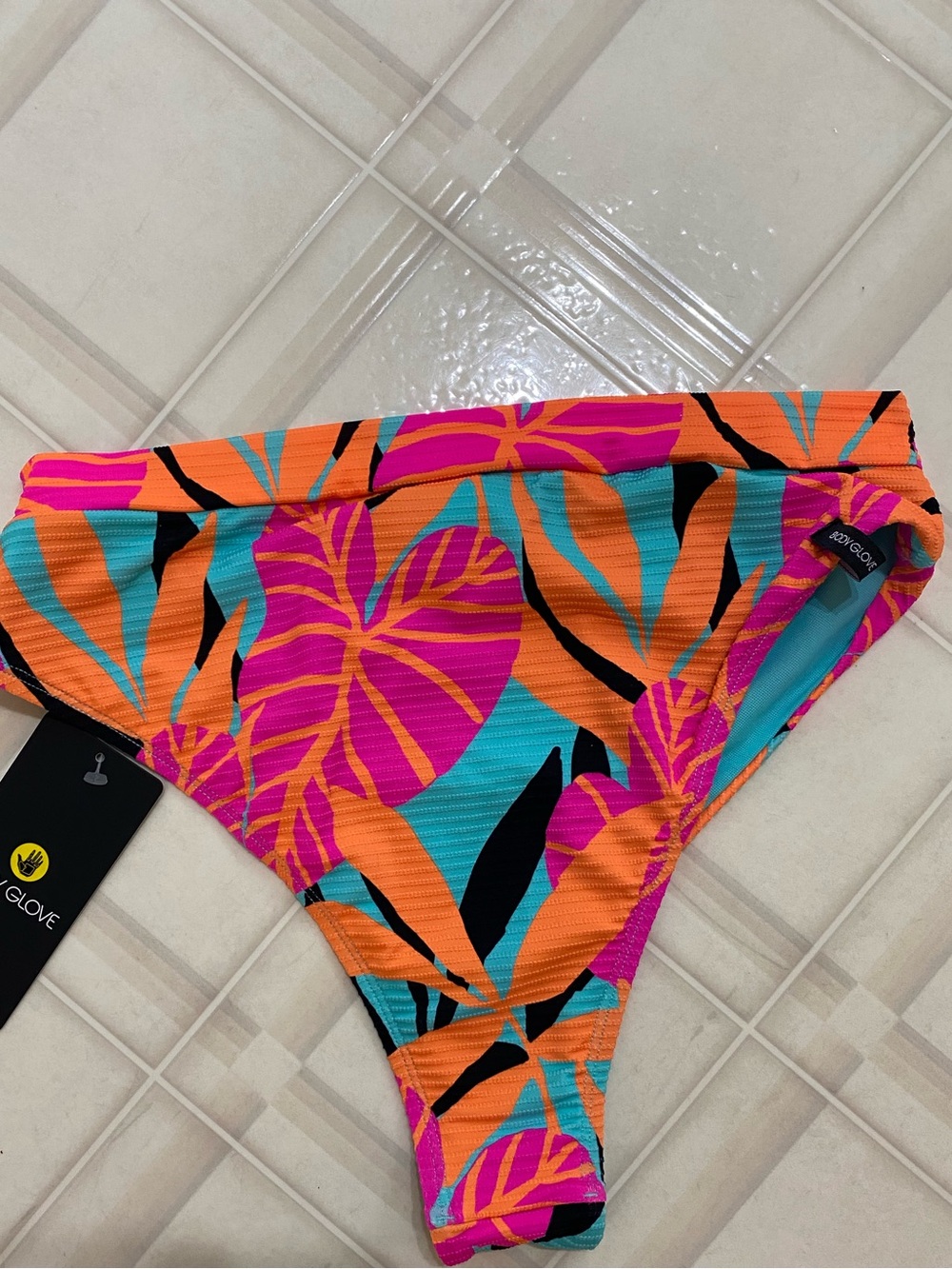 Body Glove Marlee High Waist Swimsuit Bikini Bottom in Canopy print- Pink/ aqua - Picture 3 of 5